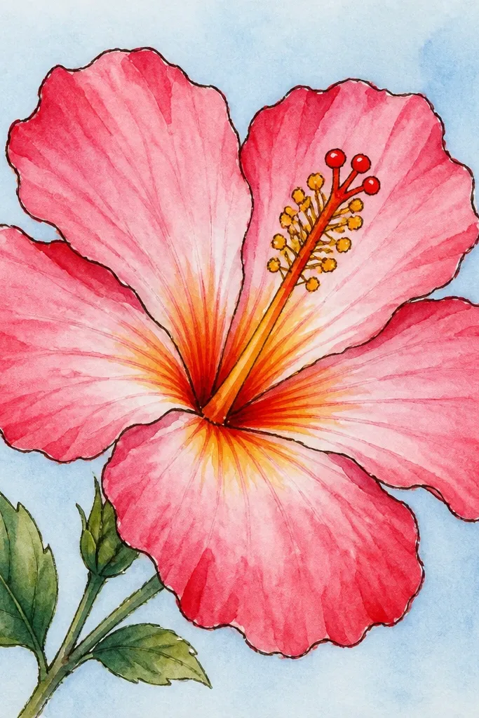 A hibiscus drawn with a dark outline, then filled with watercolor wash. Petals are pink to red with lighter centers and deeper edges. The center is yellow with orange-red streaks, and the background is a pale light-blue wash.