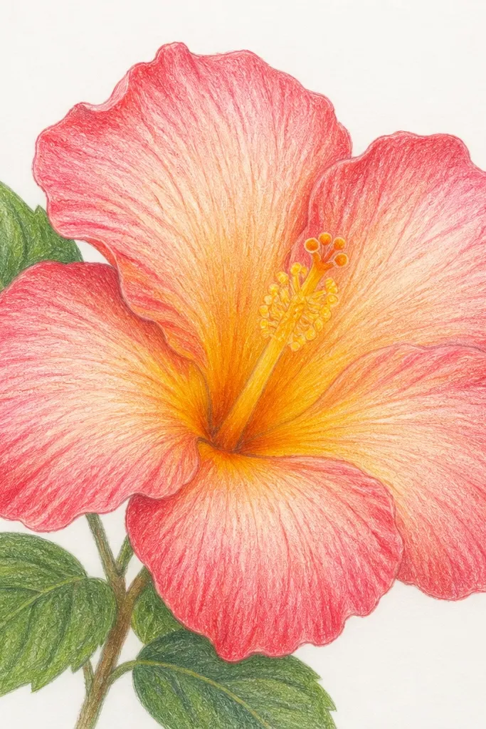 A hibiscus colored with colored pencils. Each petal has a lighter center area and a darker outer rim. The center is yellow with warm orange shading, and there are faint pencil texture marks visible.