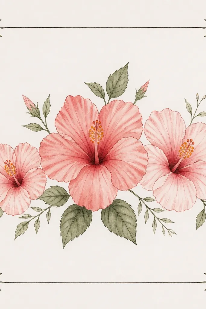 A hand-drawn bouquet frame with three hibiscus flowers in a row. Each flower has the same center shape, but different petal sizes. The composition is inside a simple rectangular border with small leaf doodles.