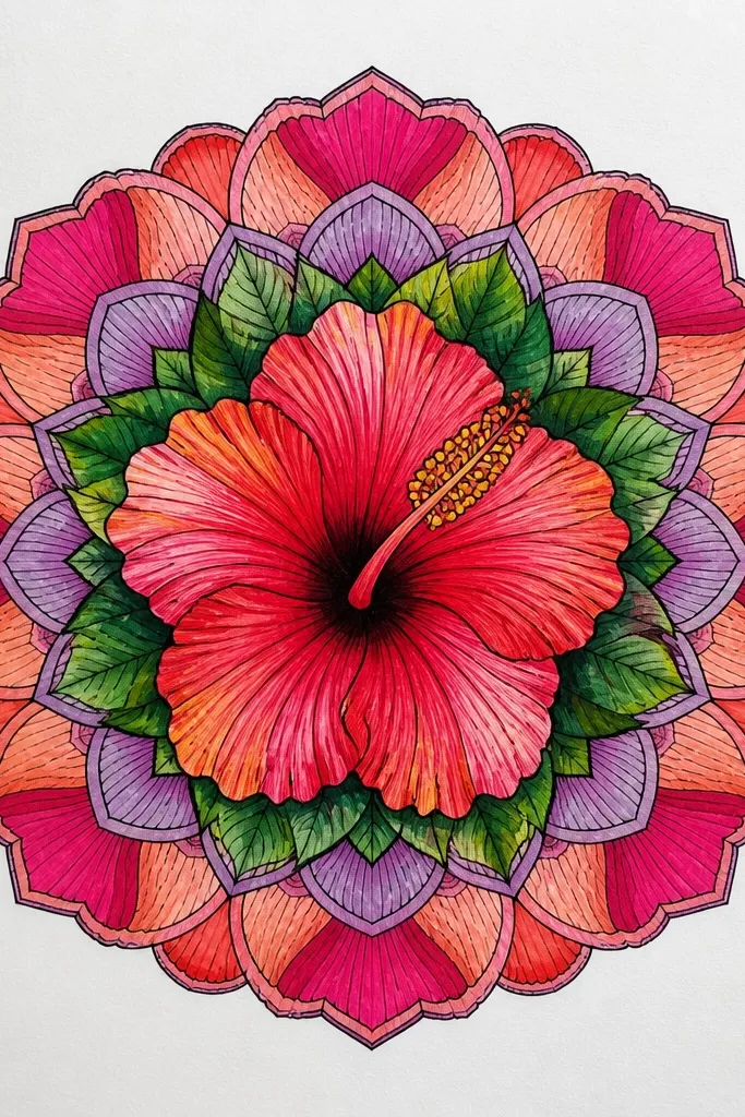 A hibiscus flower at the center of a mandala. Petals form the first ring, then there are smaller petal-like shapes and dots around it. The center has stamens and a yellow glow-like ring.