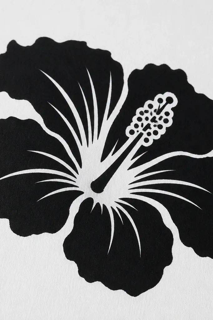A high-contrast black-and-white hibiscus. The petals are filled with solid black shapes and white gaps. The center is a white oval with black dots for stamens, and the background is plain paper.