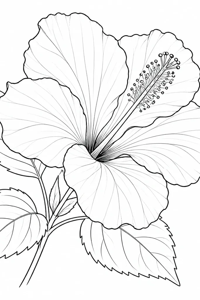 A clean hibiscus outline drawing with no color. The petals have clear edges and subtle vein lines. The center has stamens drawn with thin lines and tiny dot tips.