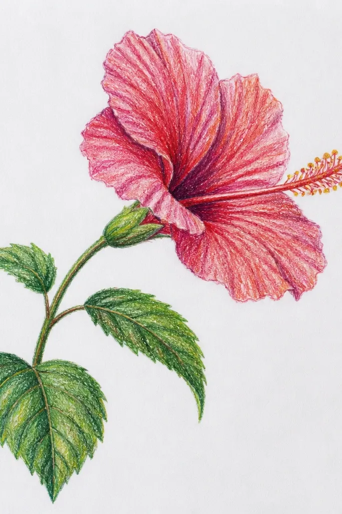 A hibiscus drawn in profile with a curved stem and a couple of leaves. The flower faces left, petals overlap, and the center is drawn compact with two stamens visible.
