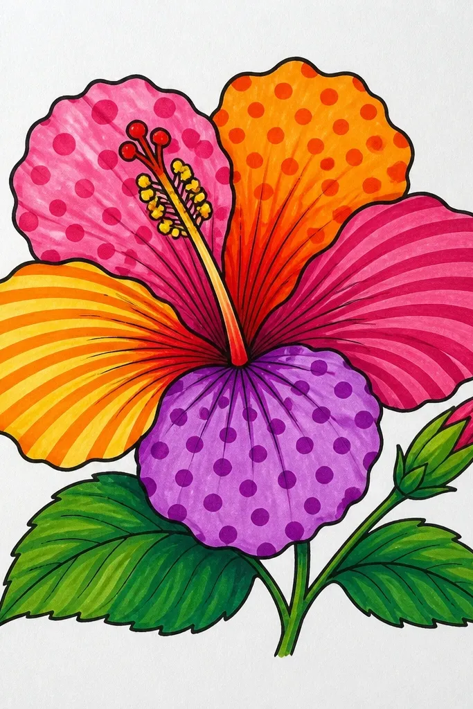 A hibiscus where each petal has a different pattern. One petal has small polka dots, another has diagonal stripes, and another has a faint gradient. The center is yellow with red streaks.