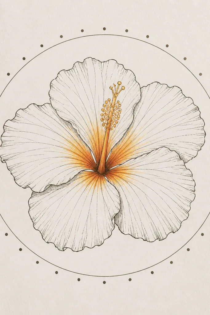 A hibiscus centered inside a thin circle. Around the circle's edge are small evenly spaced dots. The petals are outlined in pen, and the center has yellow-orange streaks.