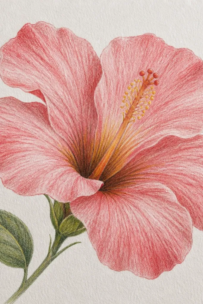 A hibiscus drawn on lightly textured paper. The petals have soft pencil shading with visible tooth of the paper. The center is shaded yellow-brown with a few darker pencil streaks.