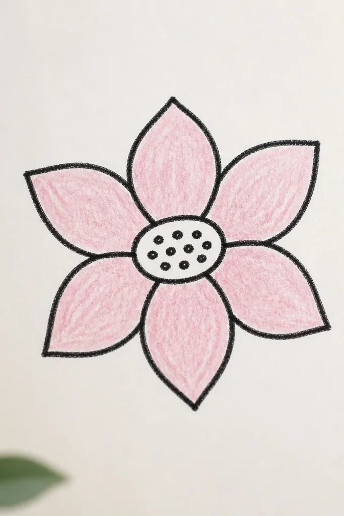A page shows a lotus made from a small oval seed pod in the center, surrounded by exactly six teardrop petals. The petals are outlined in thick black marker and filled with pale pink crayon, with tiny seed dots inside the pod.