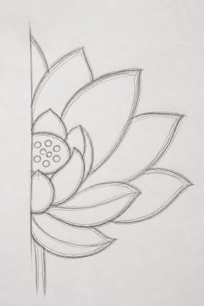 A lotus is drawn so the left half sits near the page edge, with three tall petals visible and three shorter petals wrapping inward. The seed pod is centered slightly right, and the outer petals fade into a light lavender wash.