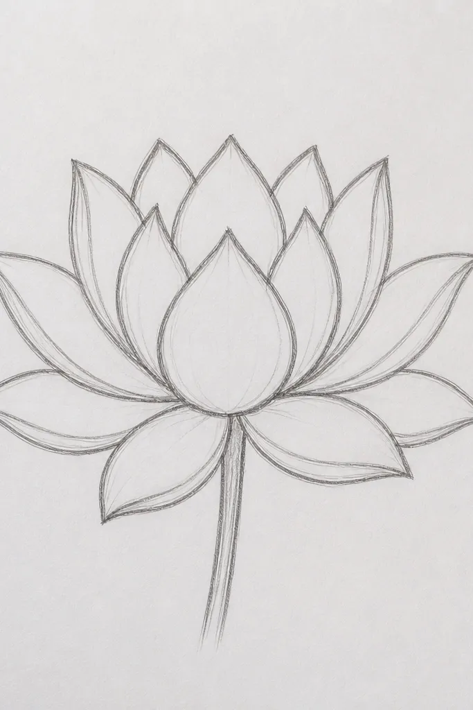 The drawing shows an inner ring of six petals curving upward and a second outer ring of six larger petals spreading wider. The inner petals are hot pink, the outer petals are peach, and the seed pod is yellow-orange.