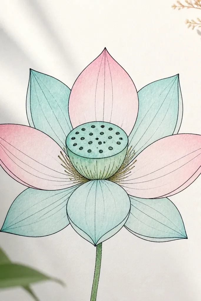 A lotus with six petals shows a central pod covered in evenly spaced dots. Petals are outlined with thin black pen and filled with light aqua and pale pink, with simple three-line veins.