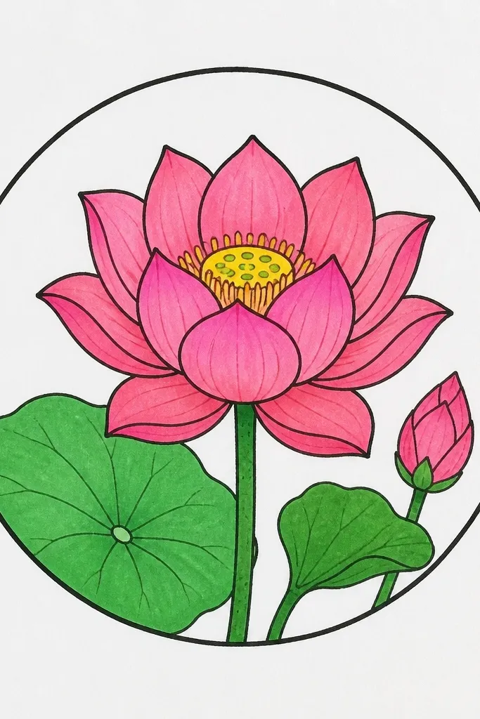 A lotus sits inside a thick black circle. The petals are colored in gradient pinks, and the seed pod is bright yellow with tiny seed dots. Small leaf sprigs peek outside the circle at two spots.
