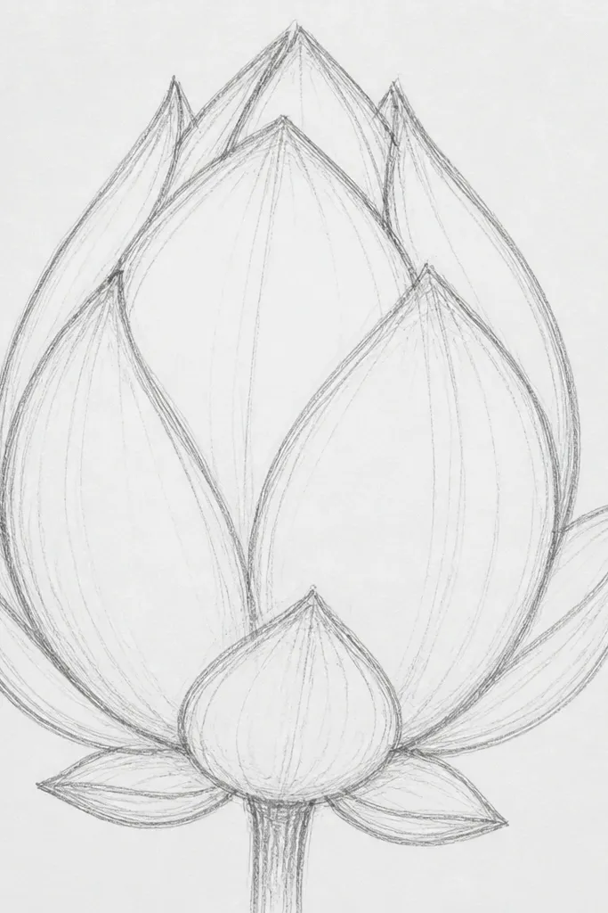 A close-up lotus bud shows three large curled petals filling most of the page. The seed pod is partially hidden, and the petals are colored in deep magenta with lighter edges.