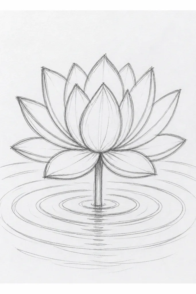 A lotus sits above a series of curved ripple lines that fan outward from the base. The petals are pale pink, and the ripples are drawn in light blue pencil that fades outward.