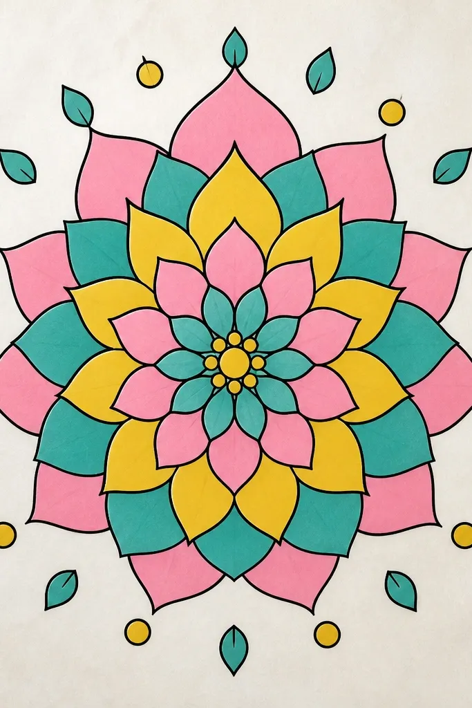 A lotus in the center with five petal layers is surrounded by evenly spaced small leaf shapes and tiny circles. Colors are limited to teal, pink, and yellow, each section separated by black outlines.