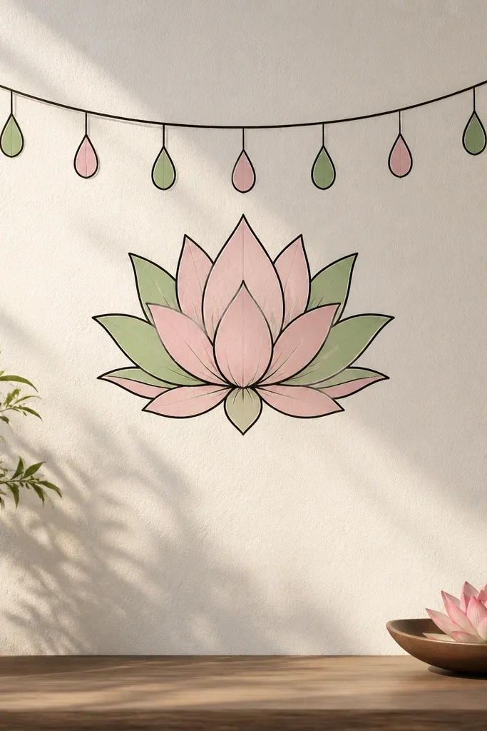 A lotus is drawn in the center with a simple string line above it. Small teardrop garland pieces hang down, and the lotus petals are light green and pink with black outlines.