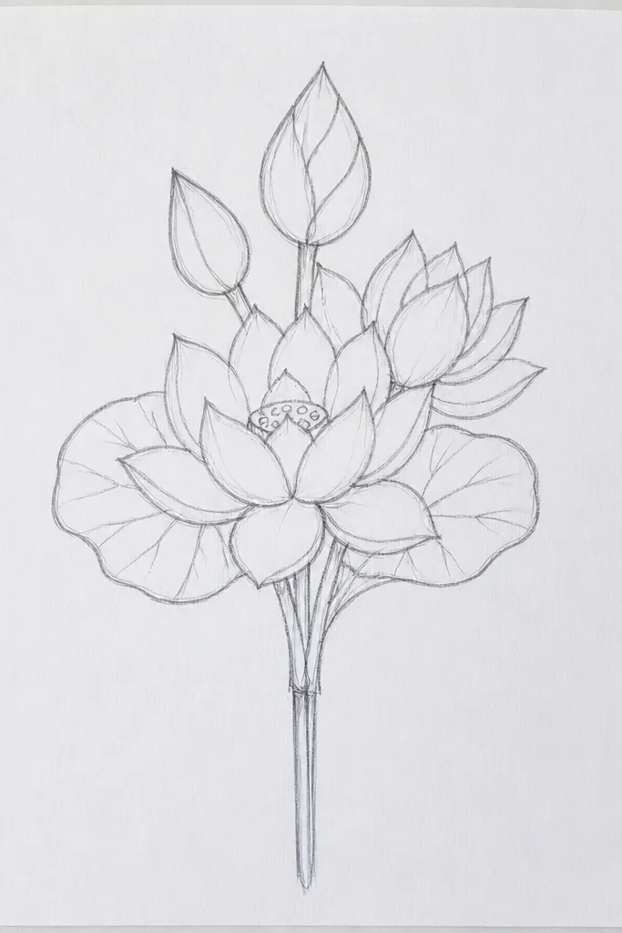 A lotus sits at the top of a single curved stem. The stem has two simple leaves, and the lotus petals are colored in soft yellow and blush pink with a bright orange seed pod.