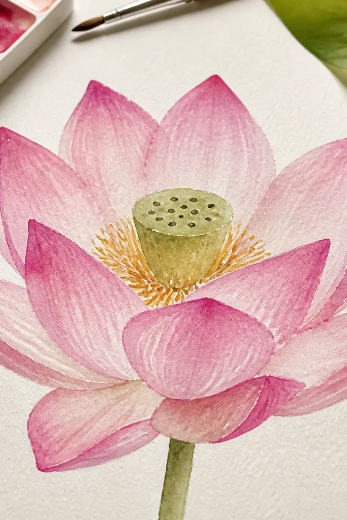 The lotus petals are colored with crayon highlights in white streaks, then covered with a light watercolor wash. The seed pod shows darker dots through the wash, and the petals have crisp lighter edges.