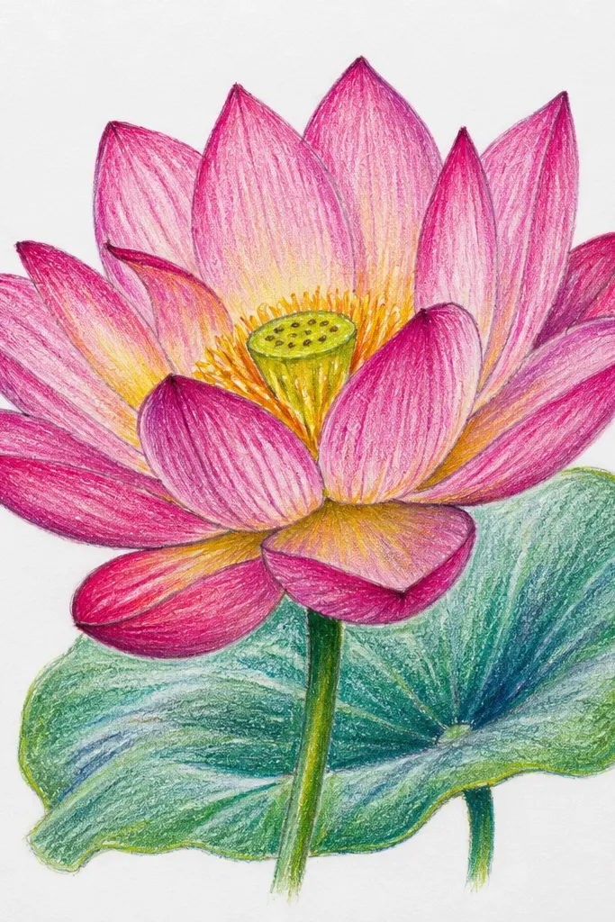 A lotus is tilted slightly to the right. Only five main petals are fully visible, with one partially hidden. The seed pod is centered, and the petals have gentle shading using a light-to-dark pink gradient.