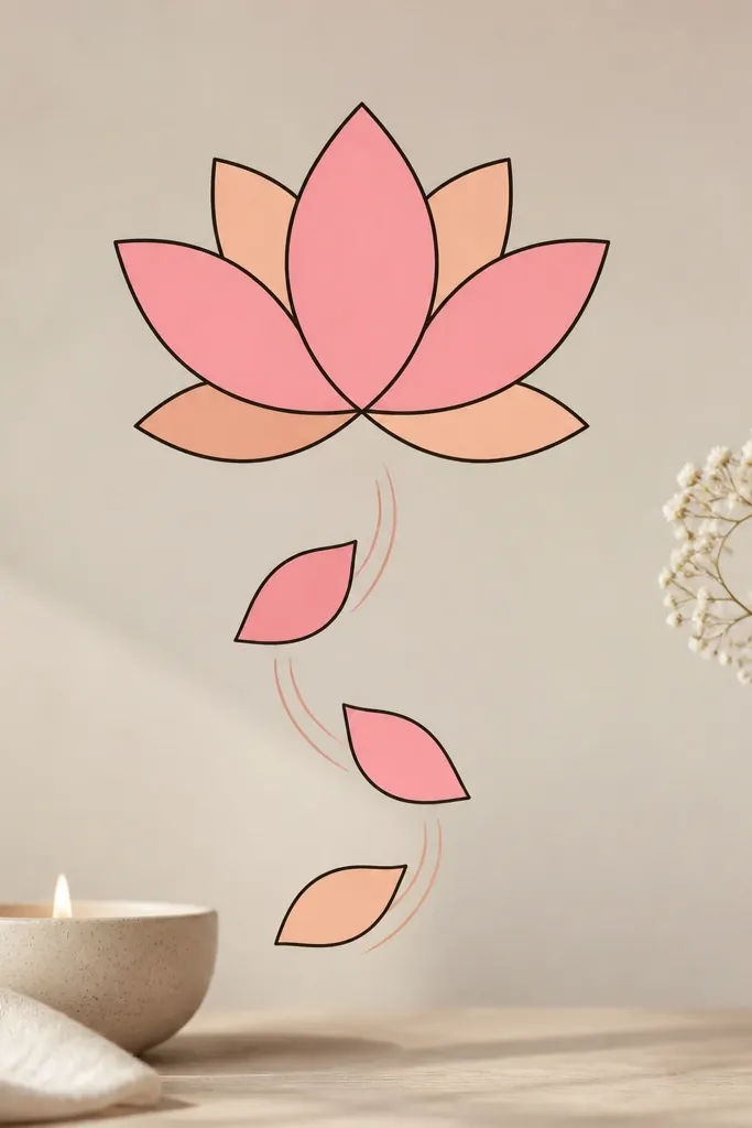 A central lotus bloom with six petals sits above three smaller petal shapes floating downward. The petals are outlined in black and colored in two shades of peach and pink, with curved motion lines behind the falling petals.