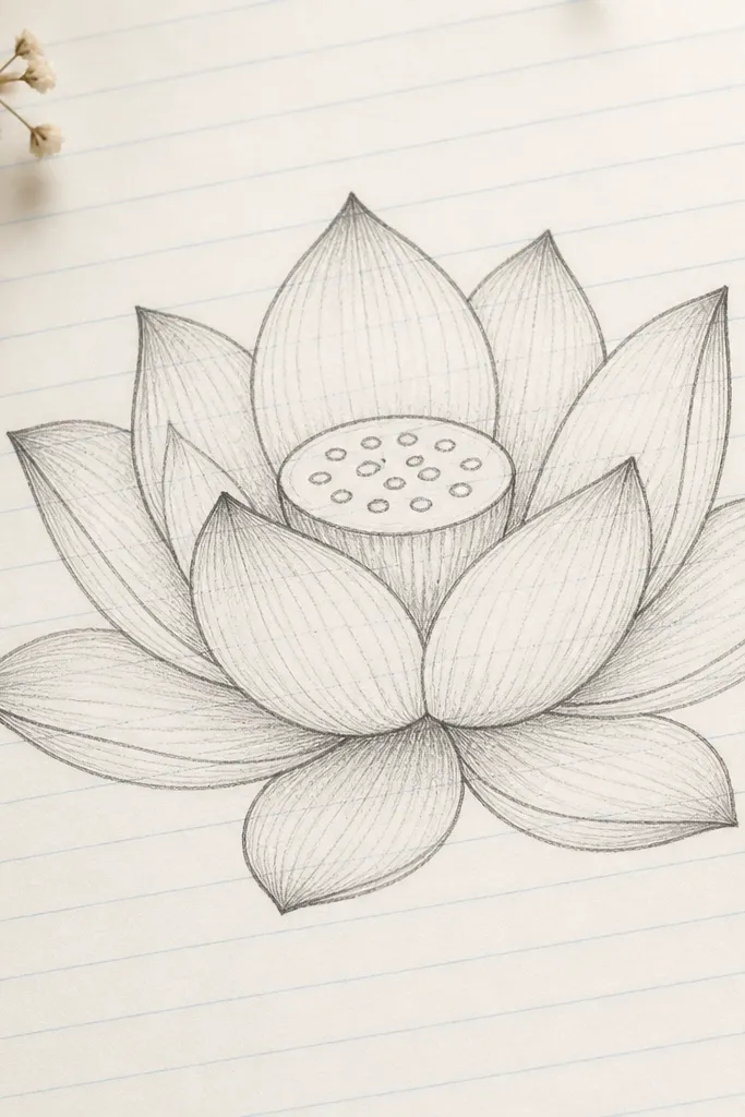 A lotus drawing sits on top of a notebook page with faint blue lines. The petals are drawn with smooth curves and aligned to the notebook lines, and the seed pod has neat dot seeds.