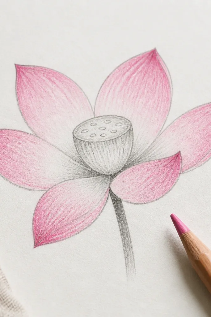 A lotus has six petals with pencil shading only near the petal bases. The seed pod is outlined and filled with small lines, and the petals are colored with a soft pink crayon that darkens in one spot.