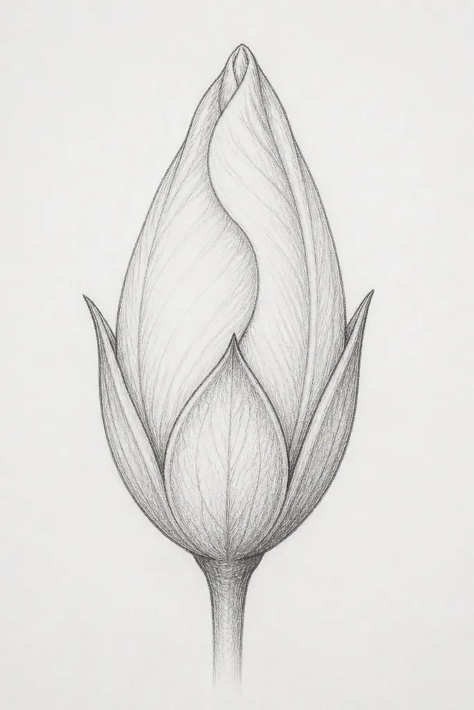 A front-facing hibiscus flower bud drawing centered on the page, with a teardrop-shaped inner curl, three visible outer bract folds, and a thin stem line. Pencil lines are light inside and darker along the outside edges.