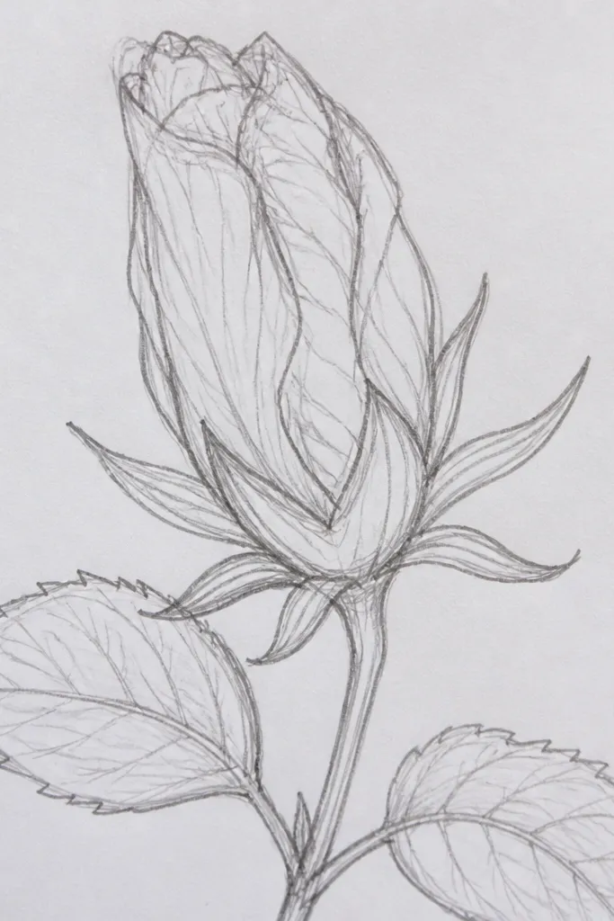 A hibiscus bud angled slightly to the right, showing a clear layered staircase effect of overlapping bracts. The left side is lighter and the right outer edges are darker, with a curved stem line.