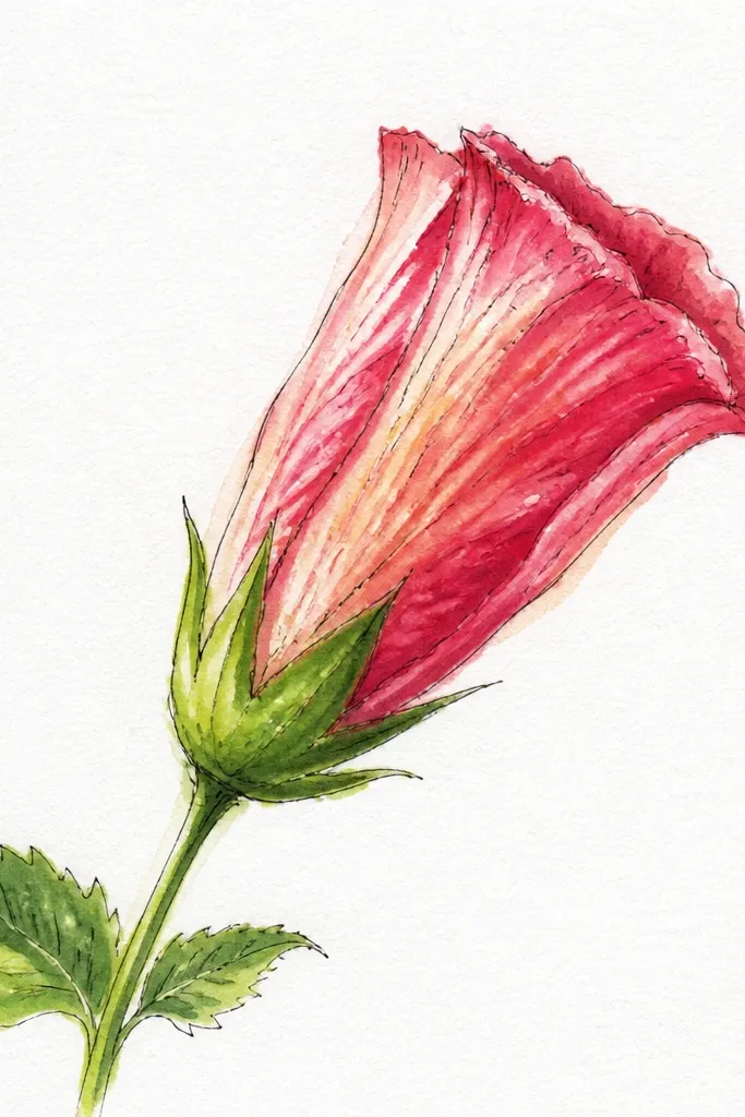 A side-view hibiscus bud drawn as a curved capsule shape, with a thick outer rim line and a slimmer inner fold line. The top curl is a small hook, and the base pinches tightly.