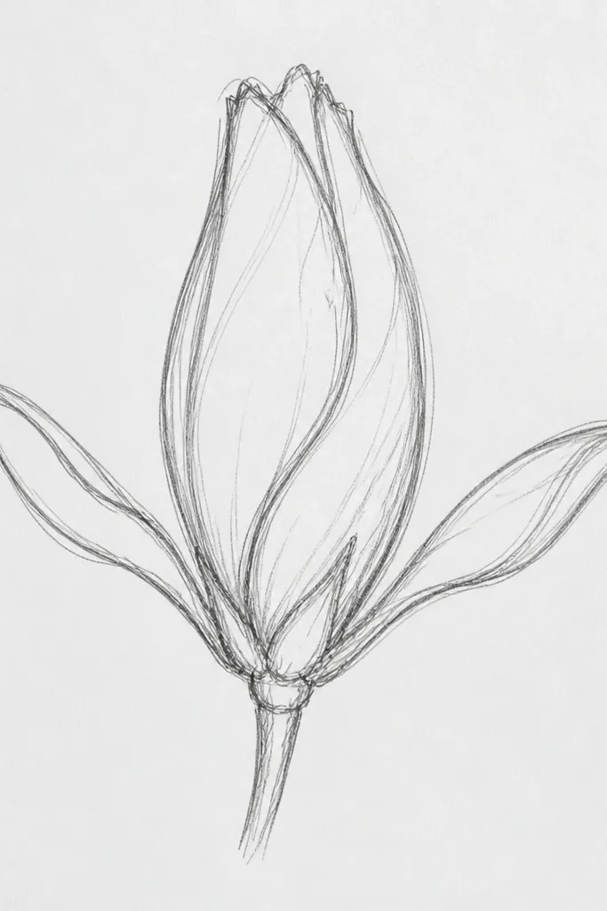 A mostly closed hibiscus bud where two outer bracts are lifted outward like parentheses, showing a glimpse of the inner curl. The lifted bracts have darker outer edges and lighter inner folds.