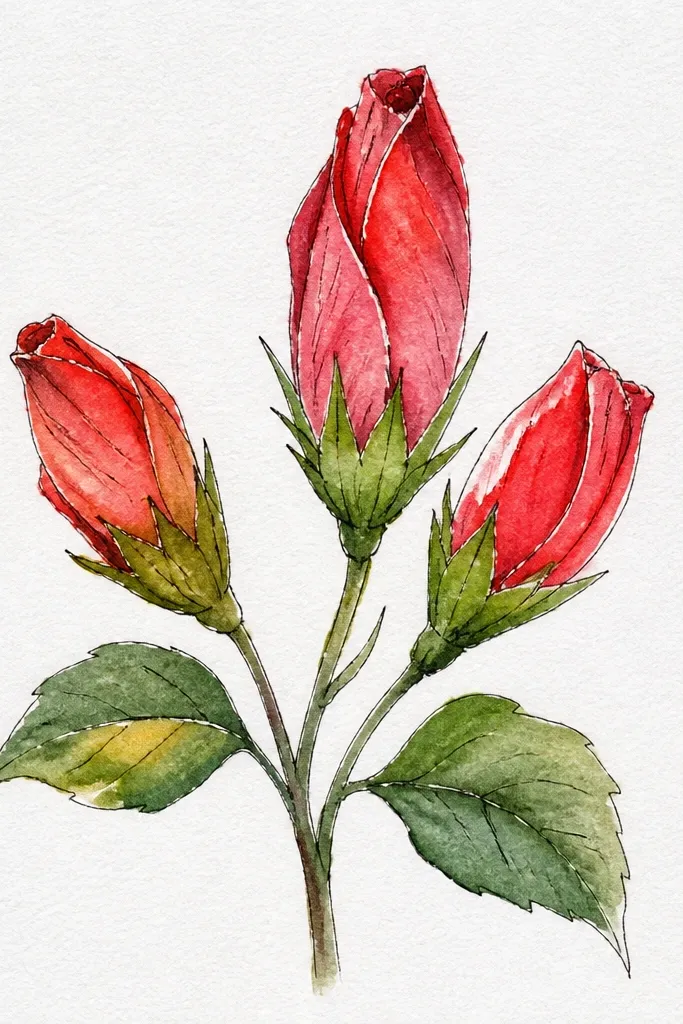 Three small hibiscus buds attached to a single stem line, each bud drawn at a slightly different angle. One bud faces front, one tilts right, one tilts left, with tiny leaf nubs.