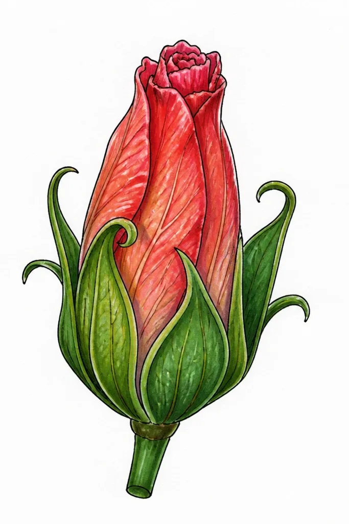 A hibiscus bud surrounded by a curled outer sepal-like frame, drawn as overlapping curved leaves around the base of the bud. The center curl is tight and the frame petals show layered edges.