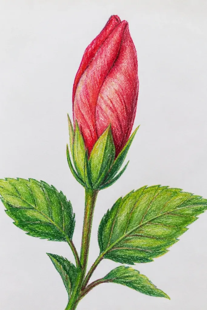 A single tall hibiscus bud drawn in a vertical composition, with the stem going down and a teacup-like curved base line beneath it. The bud has layered bracts and a narrow center curl.