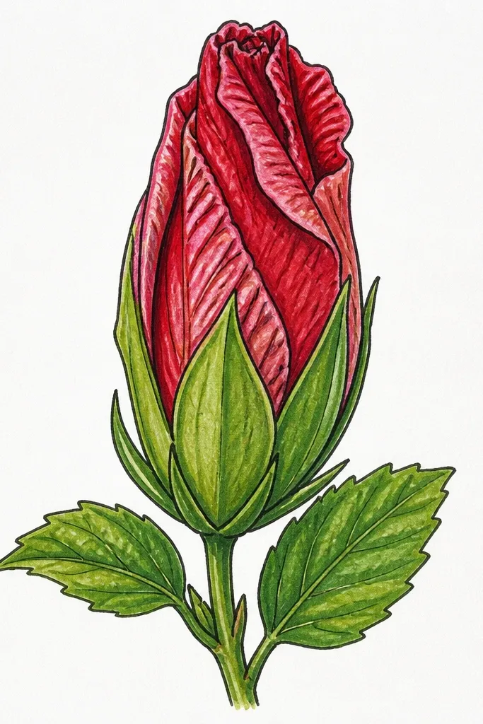 A hibiscus bud where the inner petals show as thin, folded lines inside the outer bracts. The drawing looks like paper folds, with fine linework and gentle shading near the base.