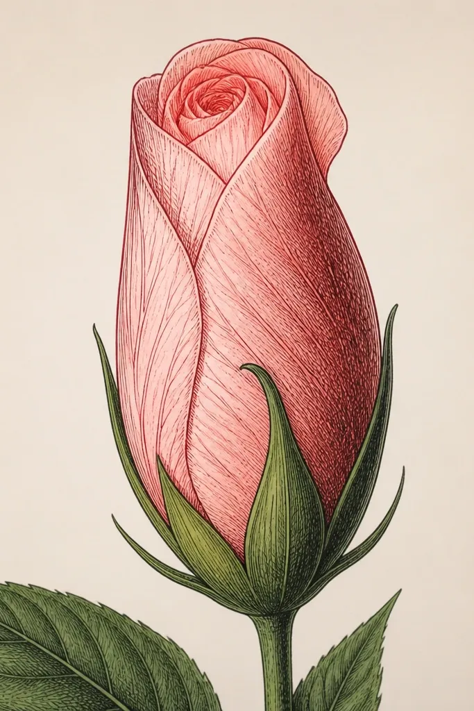 A front-ish hibiscus bud with a clean outline and a shadow band created with gentle cross-hatching across one side of the bud. The inner curl stays mostly unshaded.