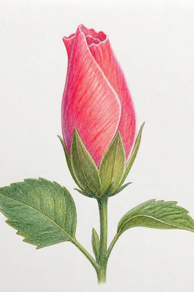 A hibiscus bud drawing with a strong outline and a single curved highlight line running along the inner fold. The rest has minimal shading, mostly on the outer bract edges.