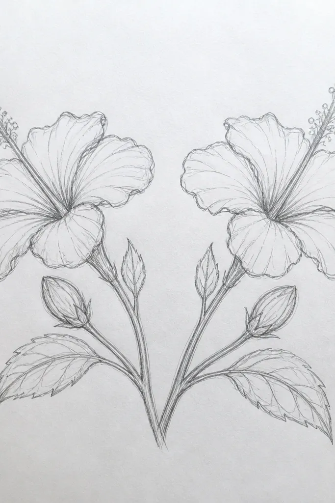 Two hibiscus buds drawn side by side, each tilted in opposite directions, with mirrored bract overlap. The stems meet at a shared base point.