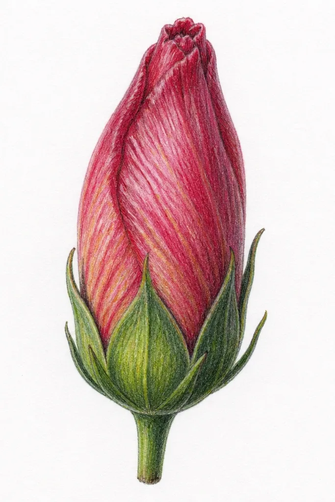 A hibiscus bud where the base has a rounded, thick calyx shape. The stem is short and the bud bracts look tight and layered, with stronger shadows near the base.