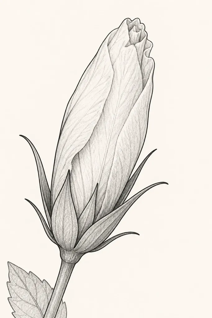 A hibiscus bud drawn with a darker, ink-style outline and a lighter pencil interior. Outer bract edges are bold, while internal fold lines are faint and delicate.