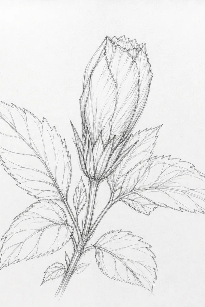 A hibiscus bud with two small leaves nearby, and soft shadow shapes cast on the bud by the leaves. The bud has layered bracts and gentle shading.