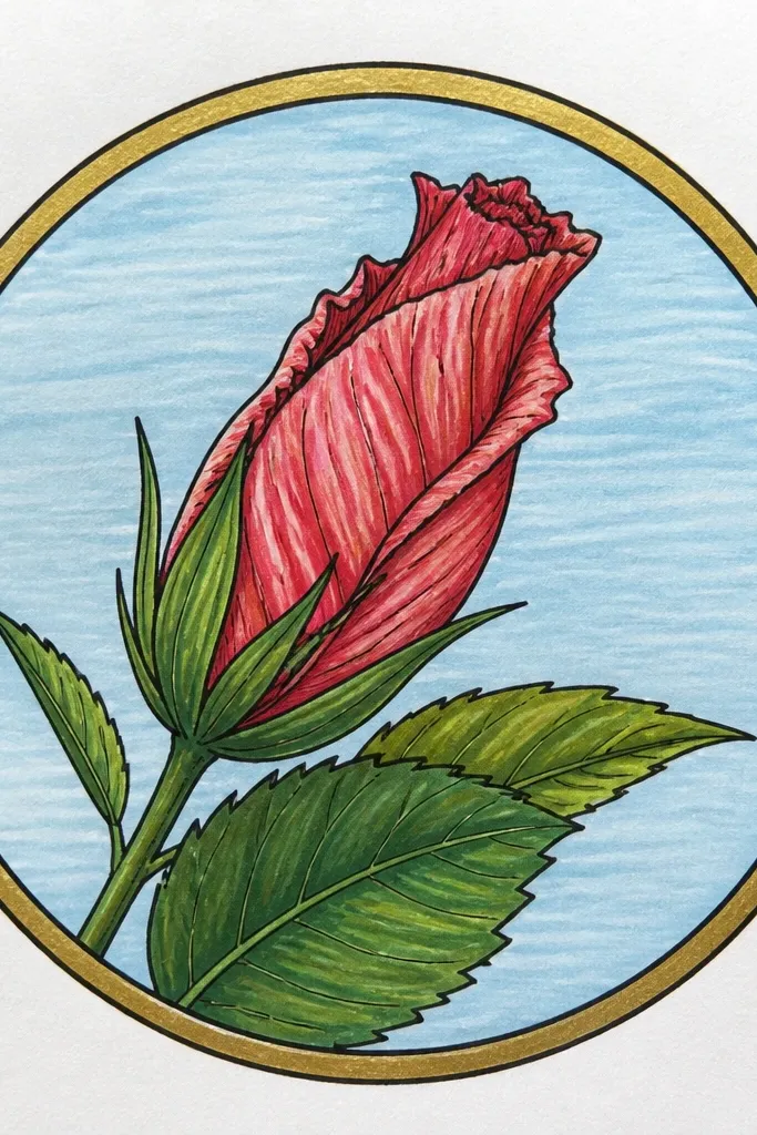 A hibiscus bud centered inside a circular frame, with repeating small petal marks around the circle. The bud is detailed with overlapping bracts and a tight inner curl.
