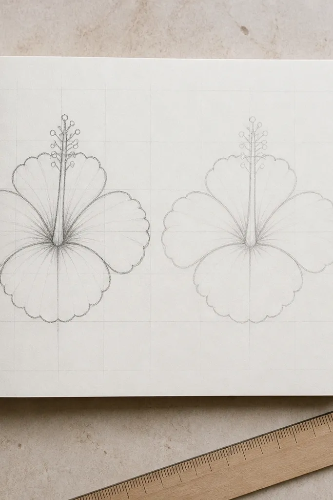 A top-down photo of a light cream sketchbook open to a page with two hibiscus outline drawings. The left hibiscus is slightly smaller and darker with visible pencil grain; the right hibiscus is lighter and cleaner. Both show a central axis line, three main petal arcs, and small scalloped tips. A kneaded eraser sits to the side, and a ruler marks a faint grid.