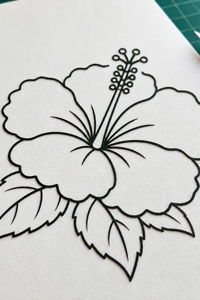 A close-up of a crisp black outline hibiscus on white cardstock. The lines are uniform and slightly raised in appearance, with clear petal scallop points. A thin craft knife blade and a cutting mat sit in the background, hinting it's meant for stencil work.
