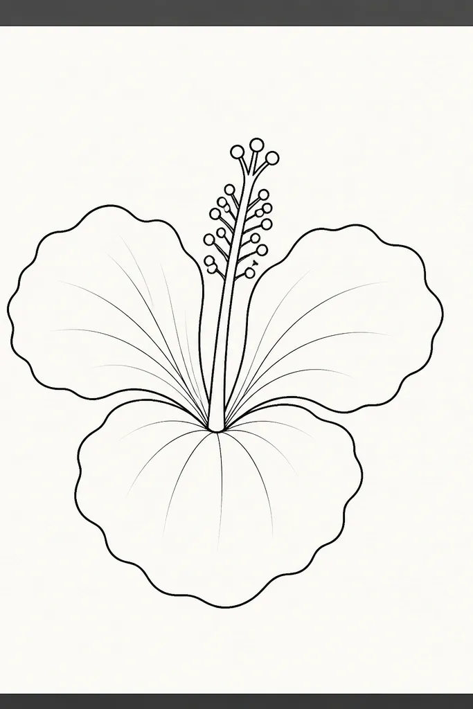 A screen capture style image showing a digital canvas with a single hibiscus outline in black. The center axis and three main petals are crisp with evenly weighted lines. The background is off-white, and there are no fill colors - only clean outlines.