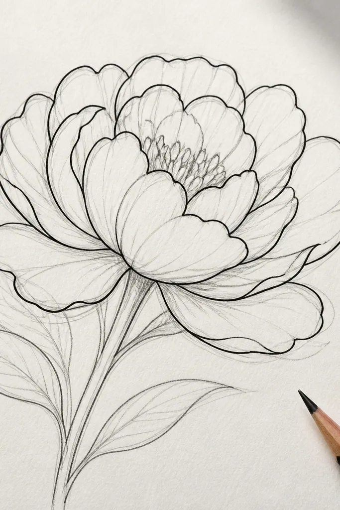 A digital illustration showing a faint gray pencil sketch under a darker black outline. The pencil underlay shows soft graphite texture lines; the final outline is clean and slightly thicker around the petal edges.