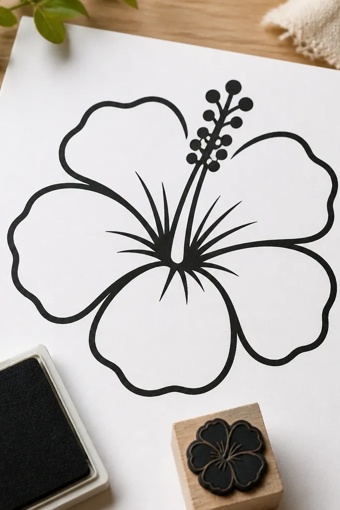 A hibiscus outline drawn in thick black lines on white paper, with slightly rounded corners at petal tips. The lines are bold enough to fill with ink, and the center column is clearly defined. A stamp pad and a small stamp block appear near the bottom edge.