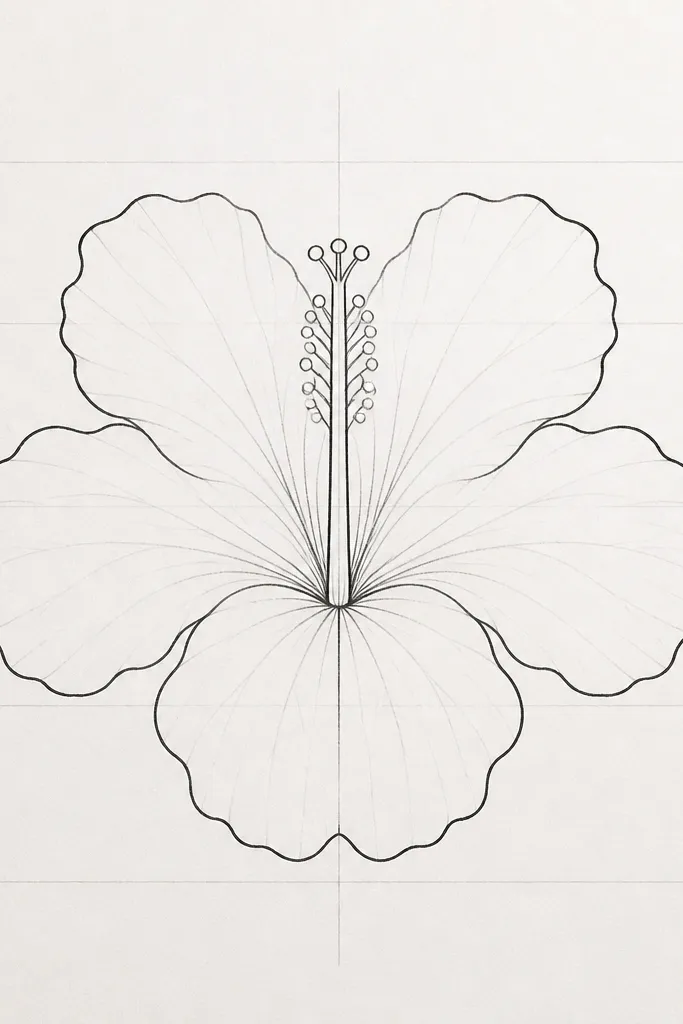 A single hibiscus outline centered on a page with light guide lines. There's a vertical center line, faint horizontal guides, and two petal halves that match. The final outline is darker on the left and right, showing symmetry.