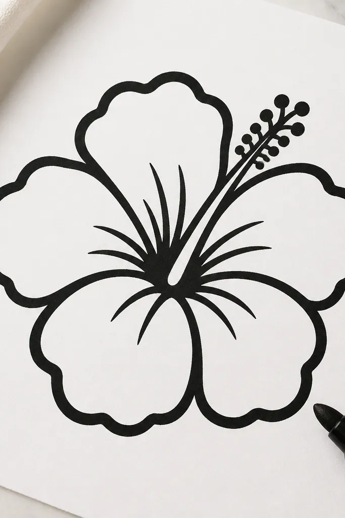 A thick black hibiscus outline drawn with a marker on white paper, with solid edges and simplified internal lines. The outer scallops are larger and rounded, and there are clear separation lines between petals.