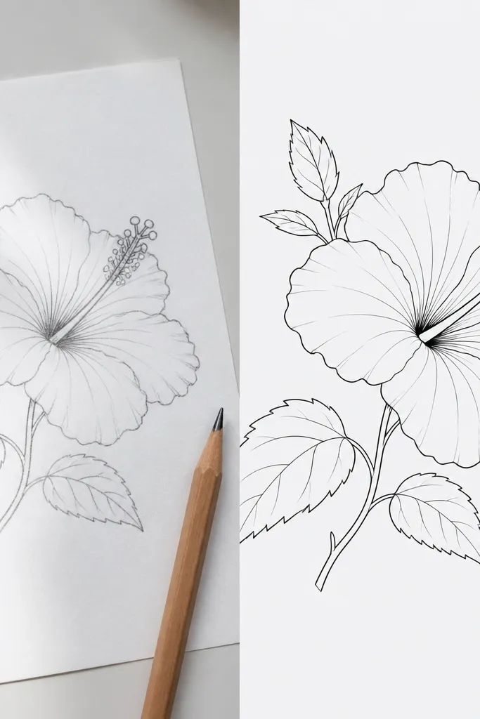 Hibiscus flower outline drawing pencil vs digital