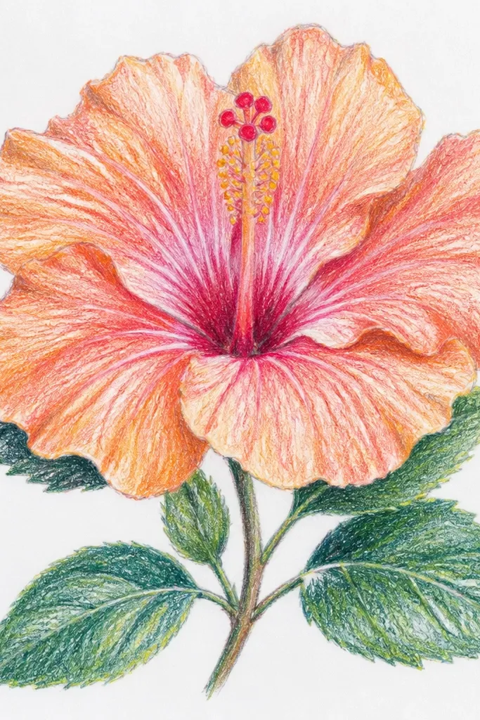 A single peach hibiscus centered on off-white paper. The petals are pale peach with a slightly darker peach fold line. The stamen is light yellow with a few darker dots, and the center has a soft, powdery blur. Background is a faint mint wash at the bottom fading upward.