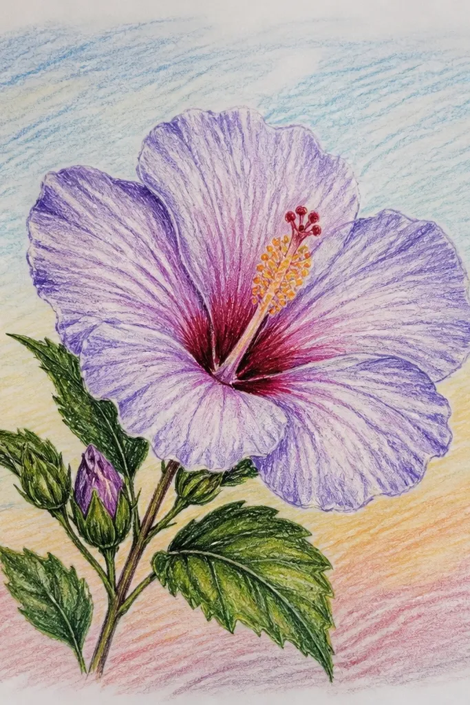 A lavender hibiscus tilted slightly to the right. Petals are lavender with a deeper purple fold line. The stamen is pale cream with thin lilac lines. The background is a horizontal sky gradient from pale blue at the top to near-white at the bottom, with a few tiny cloud-like smudges.